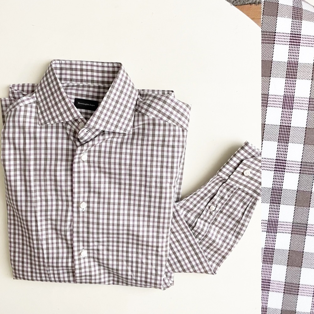 Ermenegildo Zenga Lightweight Cotton Check Button Down Shirt Neck 15.5